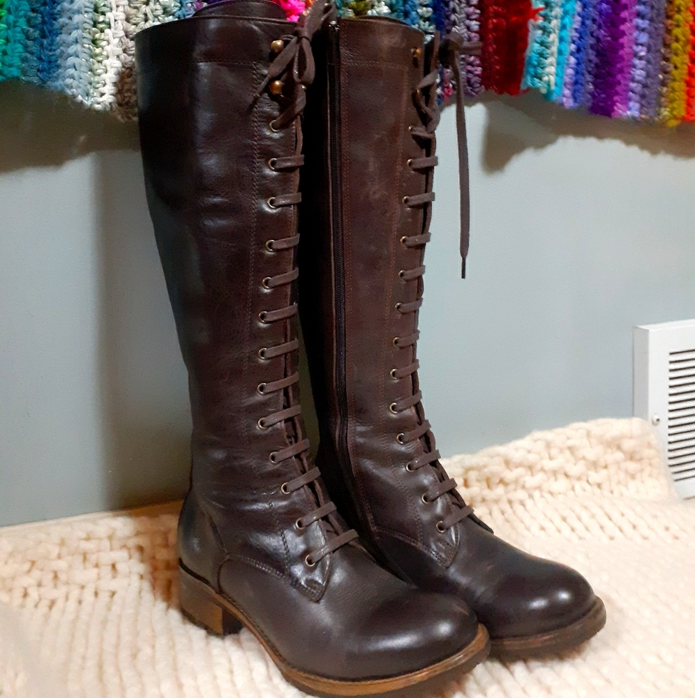 Tall lace up leather boots, dark brown